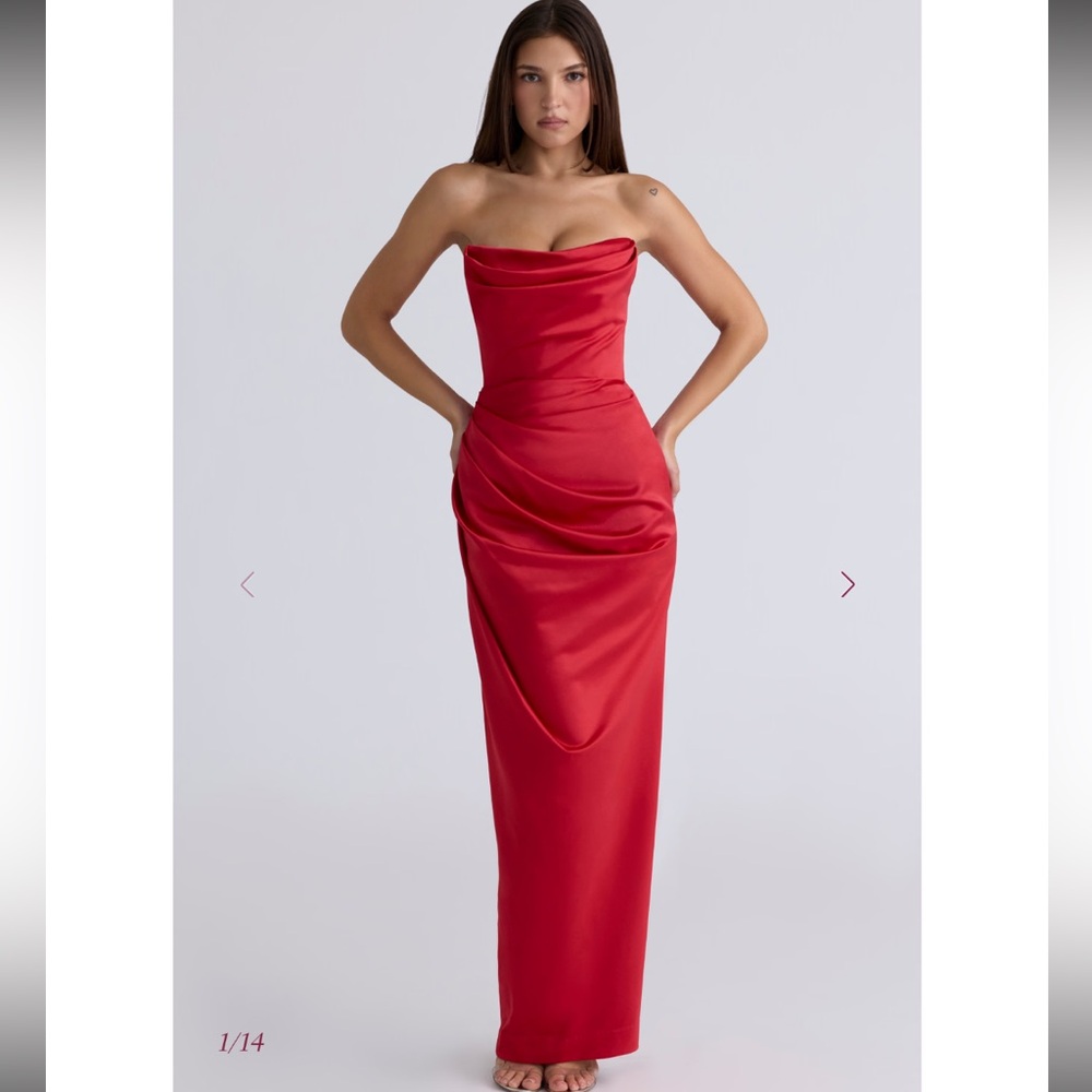 House of CB ADRIENNE
Scarlet Satin Strapless Gown in red